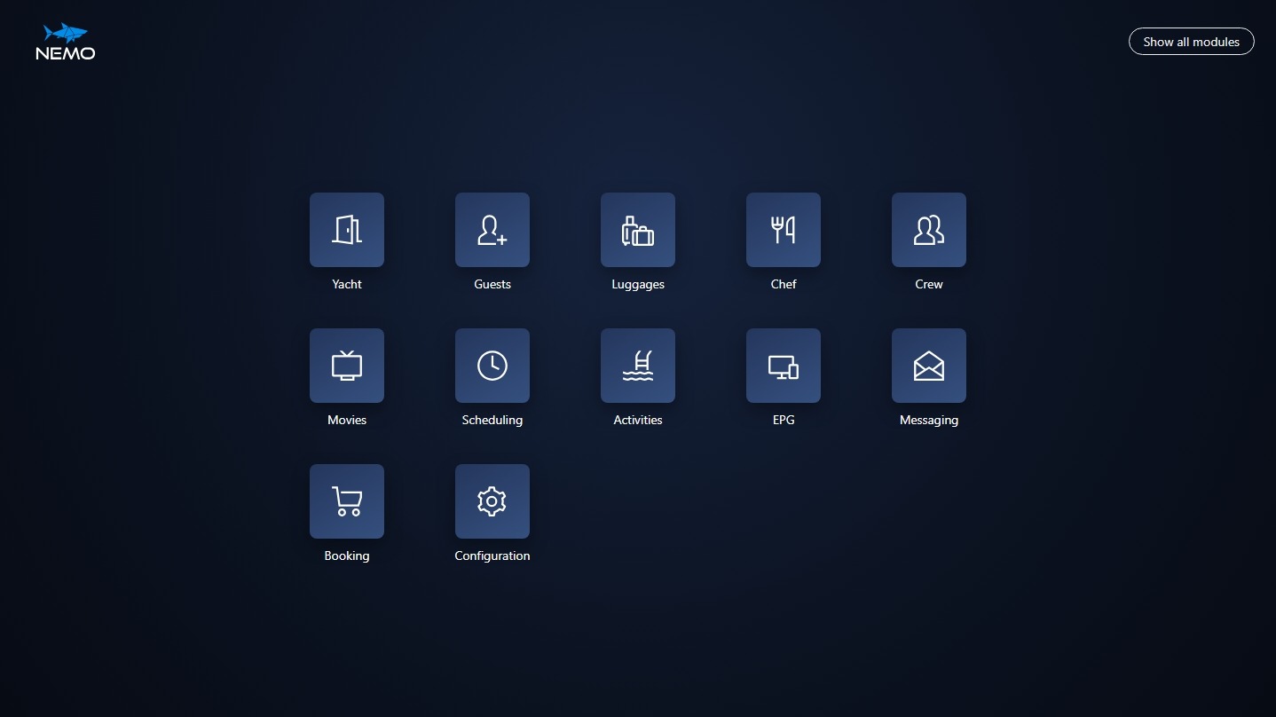 NEMO apps dashboard showing available yacht modules