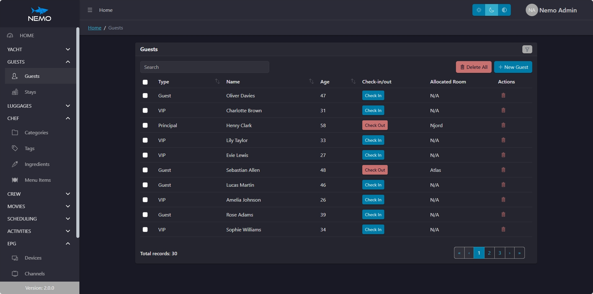 NEMO interface for guest check-in and management